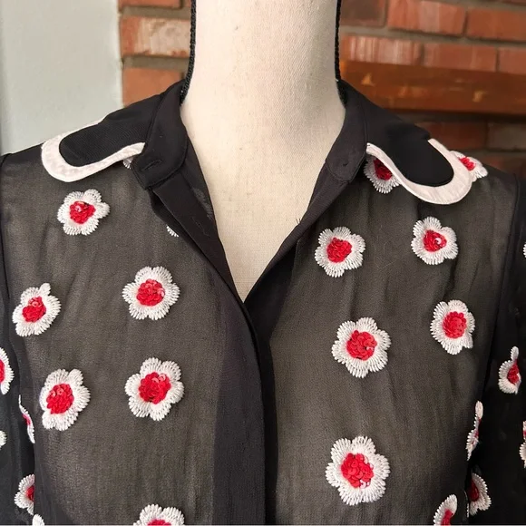 Alice + Olivia Willa Floral Embellished Scalloped Collar Placket Top Black Sz S - Picture 7 of 15